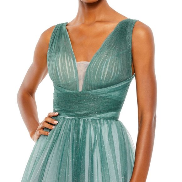 NWT MAC DUGGAL GLITTER JADE BLUE OMBREE V NECK SLEEVELESS BALL GOWN 20380 - Picture 2 of 6